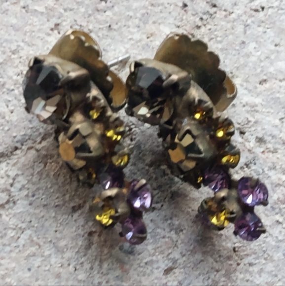 Sorrelli Antiqued Gold Toned Multi Gem Swag Brooch With Earrings, Signed VTG - Picture 12 of 12